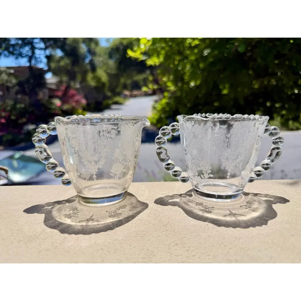 Vintage Tiffin-Franciscan Cherokee Rose Floral Beaded Glass Creamer & Sugar Set